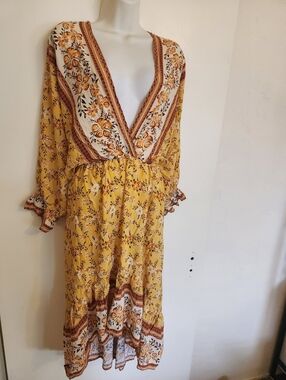 Umgee Yellow Floral Long Sleeve V-Neck Flowy Boho Midi Dress SzXL